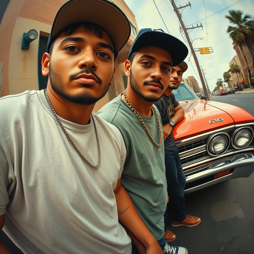 An extremely close-up, worm-eyed view of a Latino male crew dressed in casual street clothes, confidently standing next to an old 1968 Chevy car parked in an urban neighborhood
