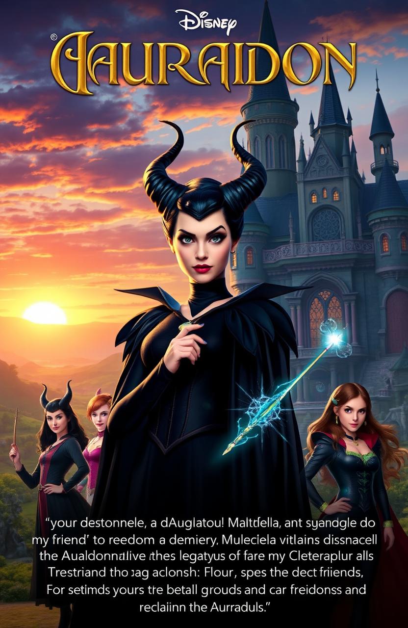 The scene depicts Antonella, the daughter of Maleficent, standing proudly in the grand castle of Auradon, with an air of magic and intrigue surrounding her