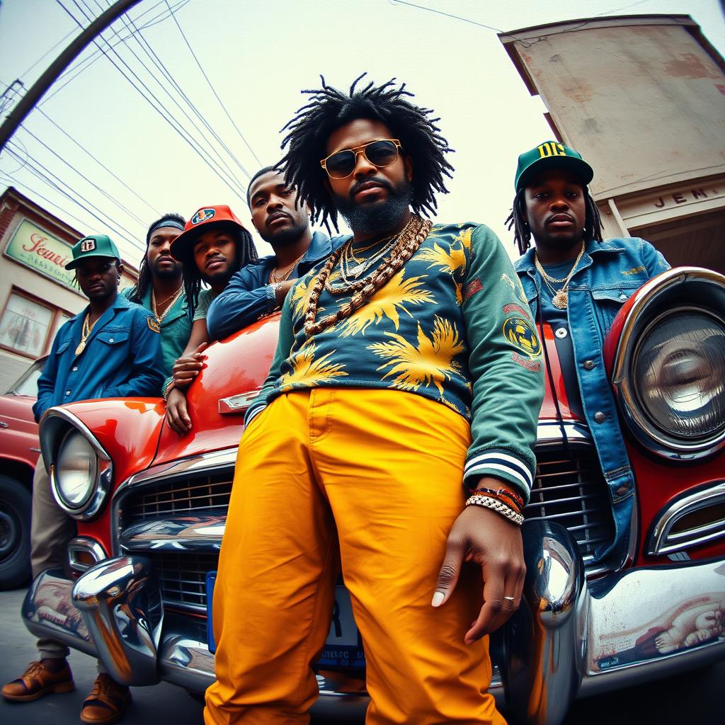 An extremely close-up, worm-eyed angled view of a Jamaican male crew dressed in stylish street clothes, confidently standing beside an old Chevy car