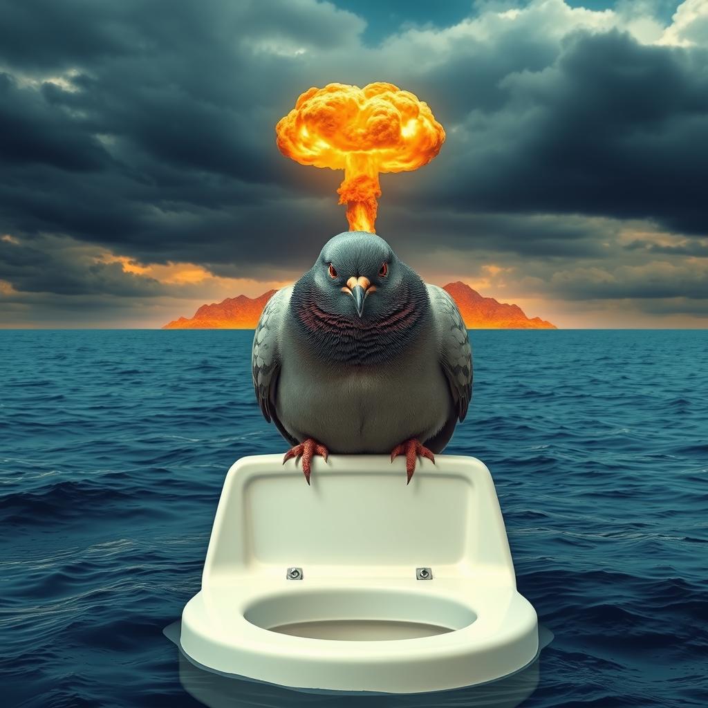 A thick, sad pigeon perched on a toilet seat floating in the middle of a vast ocean