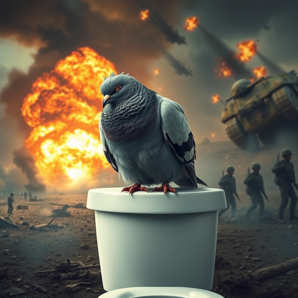 A thick, sad pigeon sitting forlornly on a toilet, with a chaotic World War III scene unfolding in the background