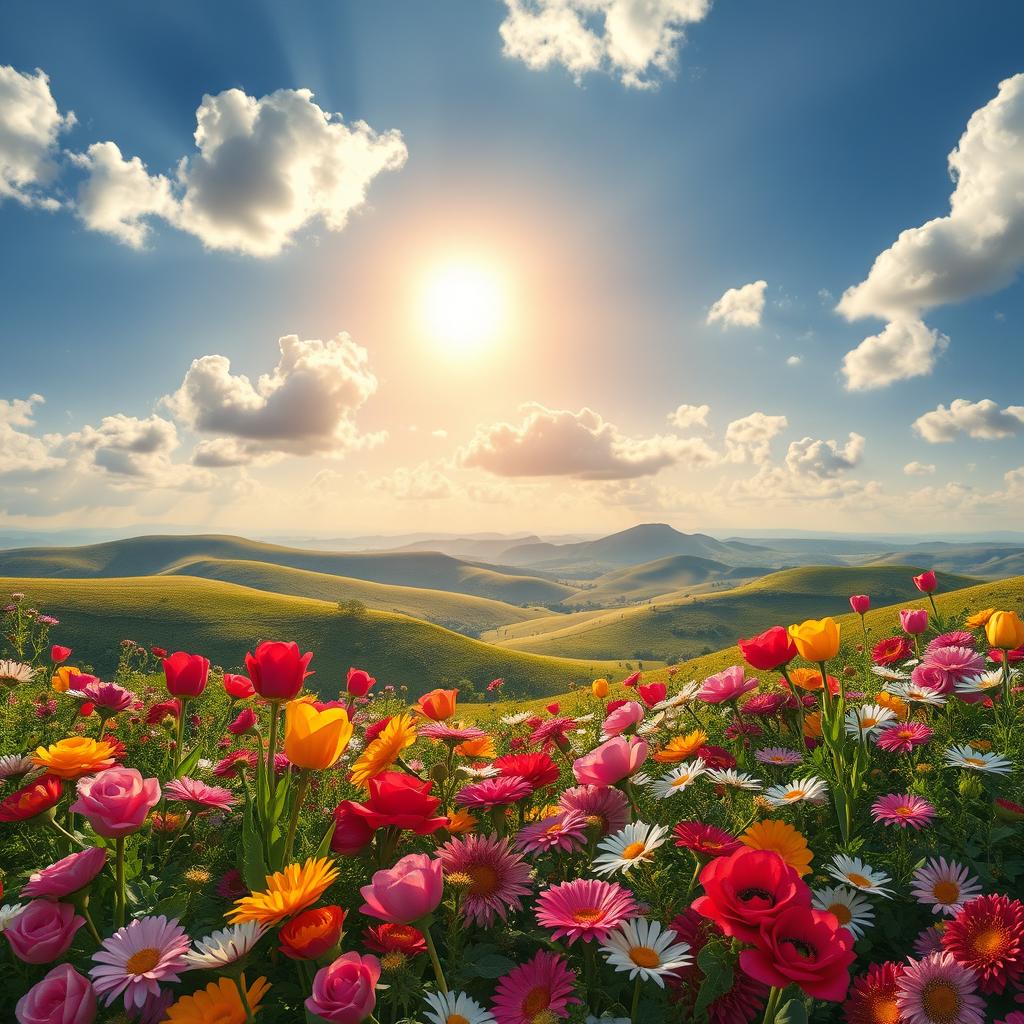 A breathtaking view of a heavenly landscape filled with vibrant and colorful flowers, set against a serene sky with soft, fluffy clouds