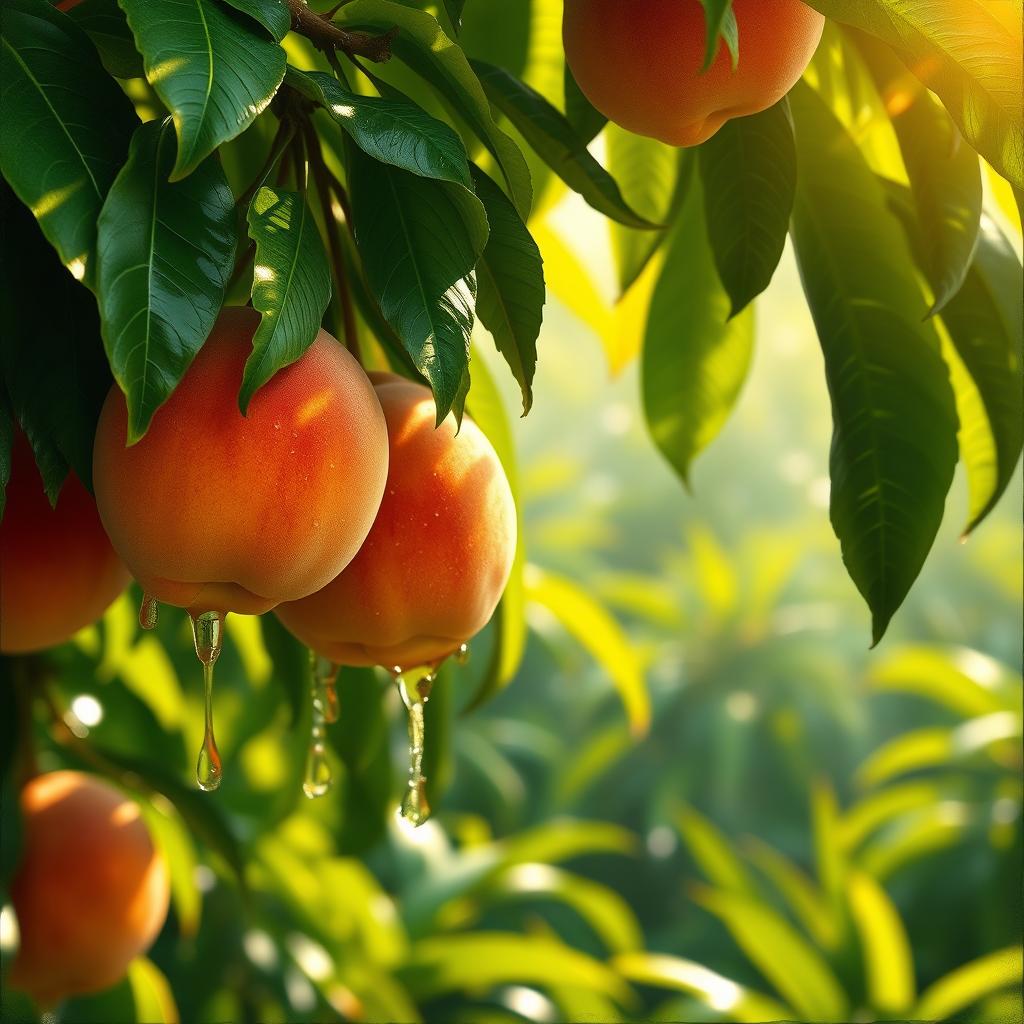 An extremely close-up, angled view of a lush green jungle paradise illuminated by warm sunrays, depicting the beauty of a summer rain