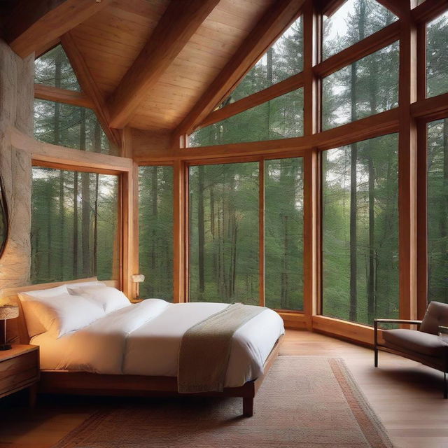 A cozy, inviting bedroom nestled within a forest retreat. It features large panoramic windows showcasing lovely views of tranquil woods with towering trees bathed in soft twilight hues.