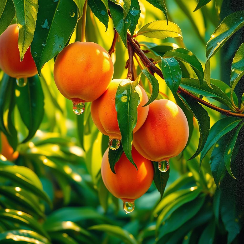 An extremely close-up, angled view of a lush green paradise jungle, bathed in warm-golden sunrays, showcasing the essence of summer rain