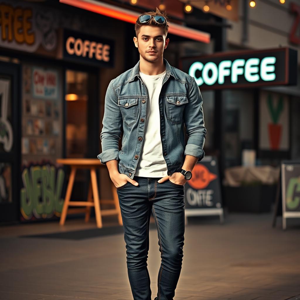 A stylish male figure dressed in casual clothing, standing confidently in a trendy urban setting