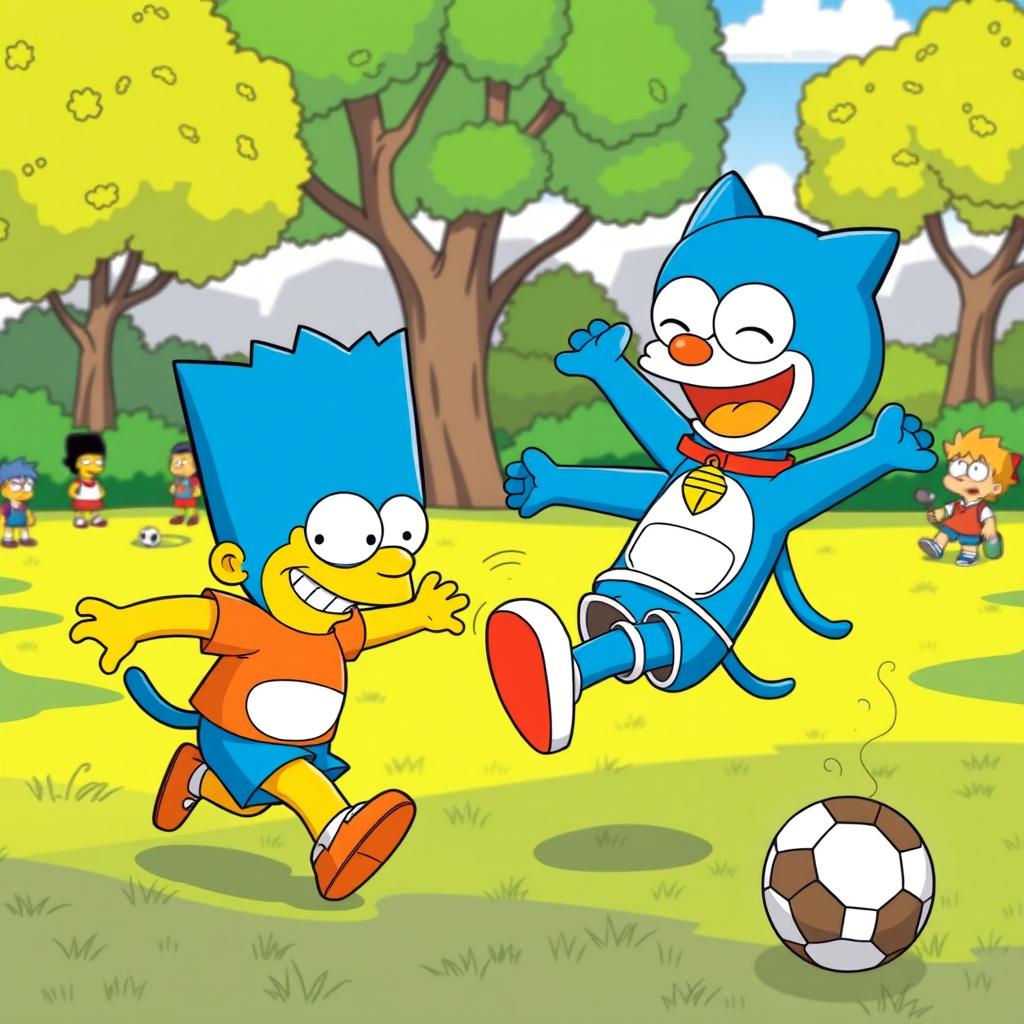 A vibrant and playful scene featuring Bart Simpson playing soccer with Doraemon in a sunny park