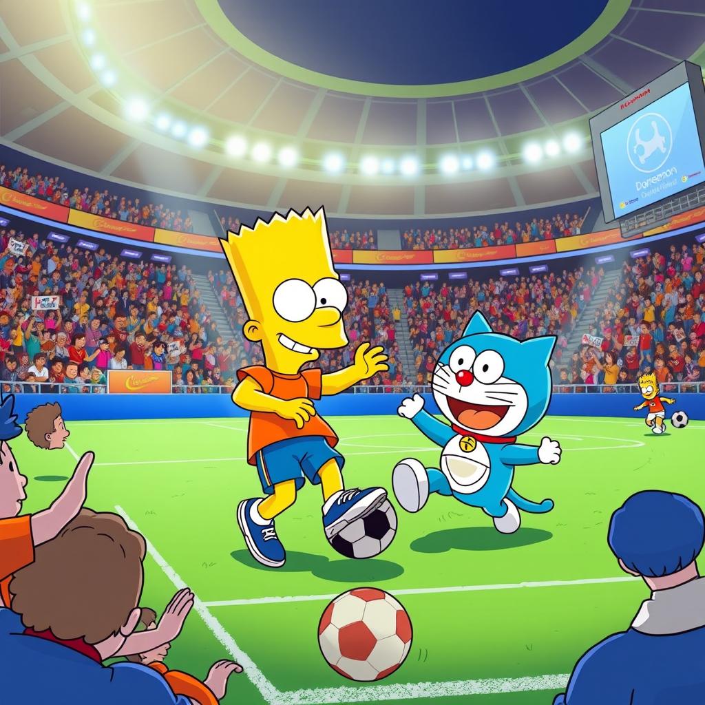 A lively scene depicting Bart Simpson playing soccer with Doraemon in a bustling football stadium filled with enthusiastic fans