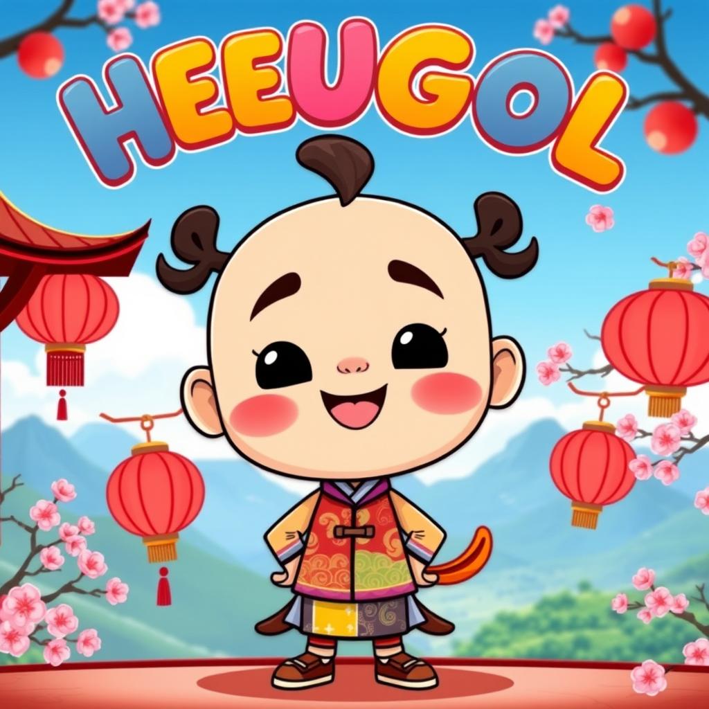 A whimsical cartoon character inspired by traditional Chinese imagery, with distinct features and wearing a colorful outfit