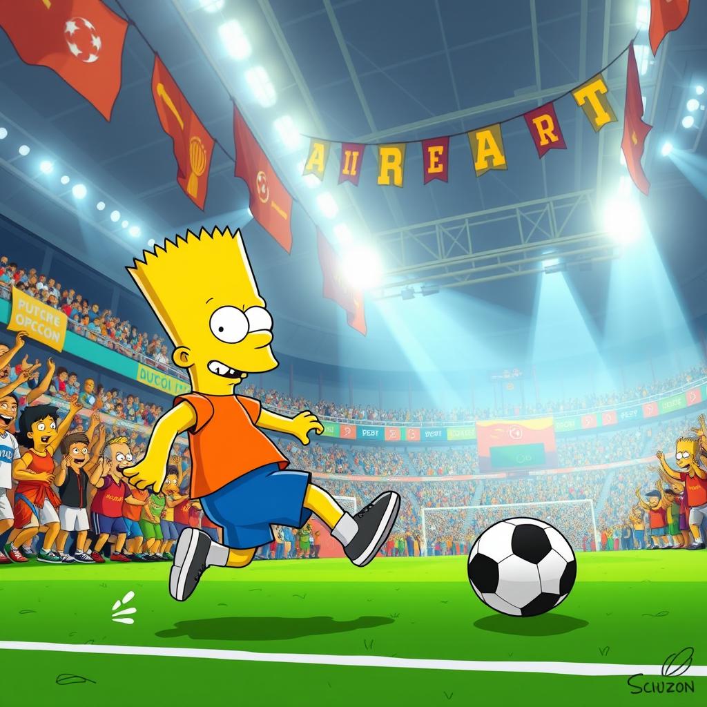 A thrilling scene of Bart Simpson playing soccer in a grand stadium filled with enthusiastic fans