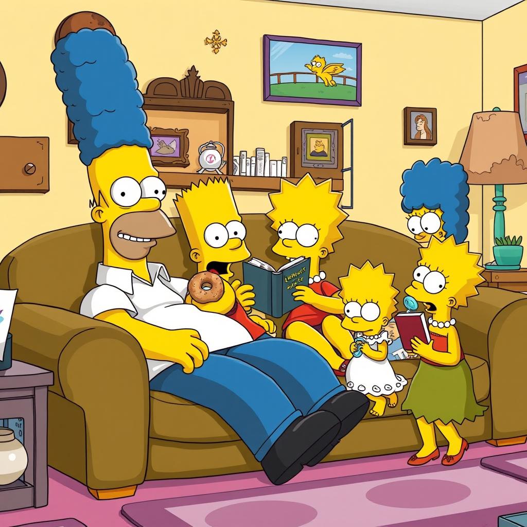 A heartwarming scene featuring the entire Simpson family gathered together in their iconic living room