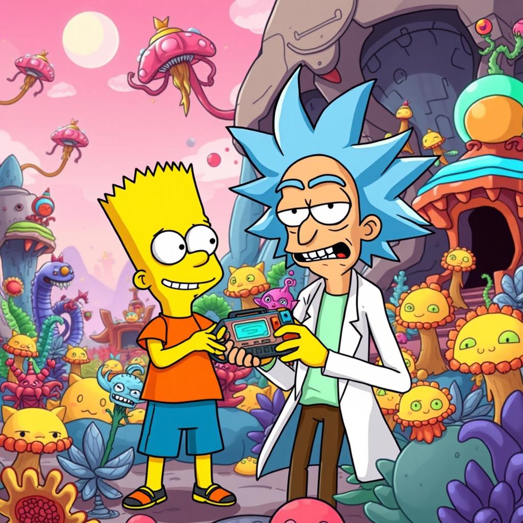 A fun and adventurous scene featuring Bart Simpson and Rick Sanchez from Rick and Morty hanging out in a colorful sci-fi landscape