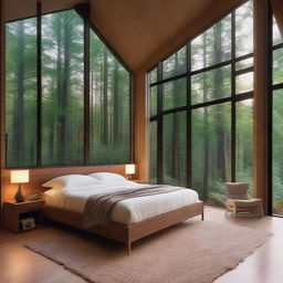 A cozy, inviting bedroom nestled within a forest retreat. It features large panoramic windows showcasing lovely views of tranquil woods with towering trees bathed in soft twilight hues.