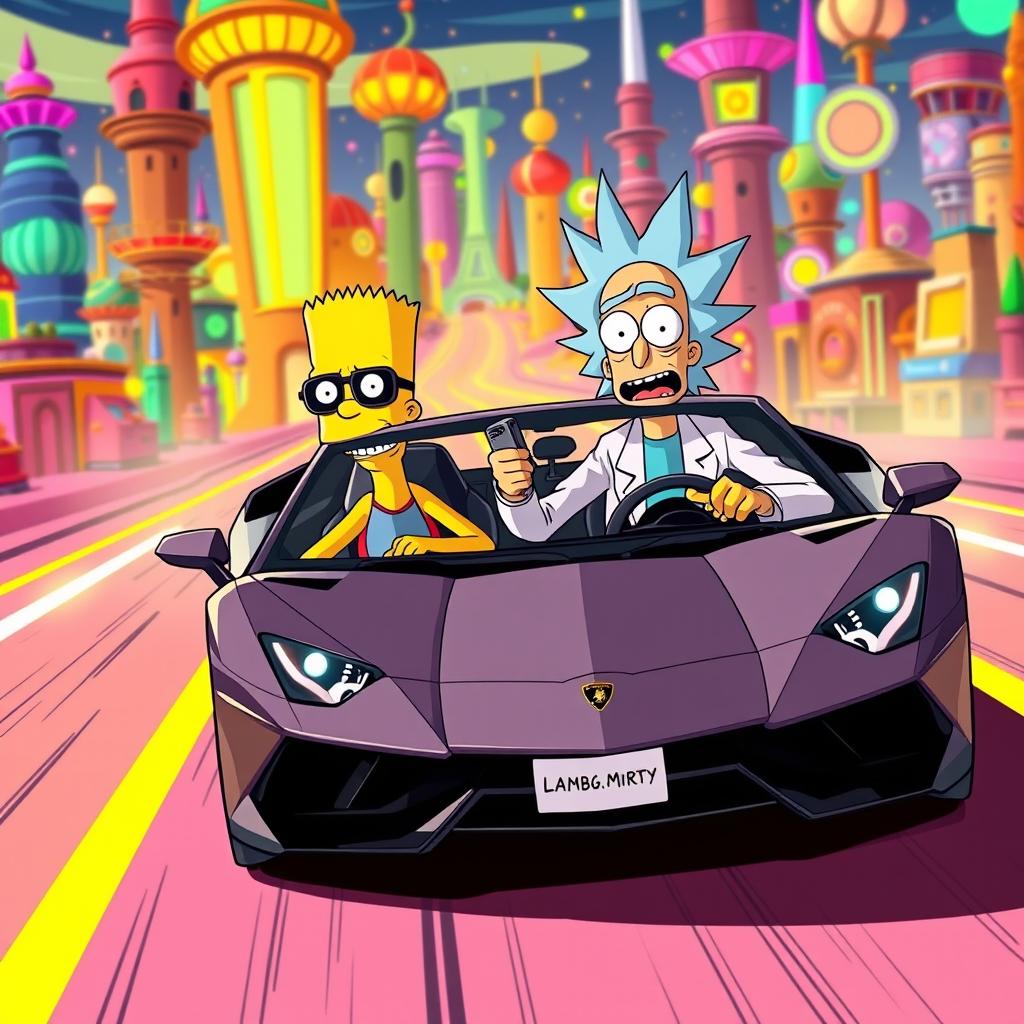 An exciting scene featuring Bart Simpson and Rick Sanchez from Rick and Morty cruising in a stylish Lamborghini on a vibrant, futuristic road