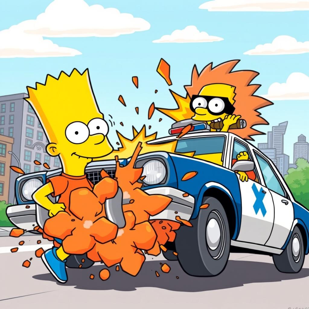Bart Simpson and Ricky, a mischievous cartoon character, are depicted in an action-packed scene where they are playfully causing a police car to explode