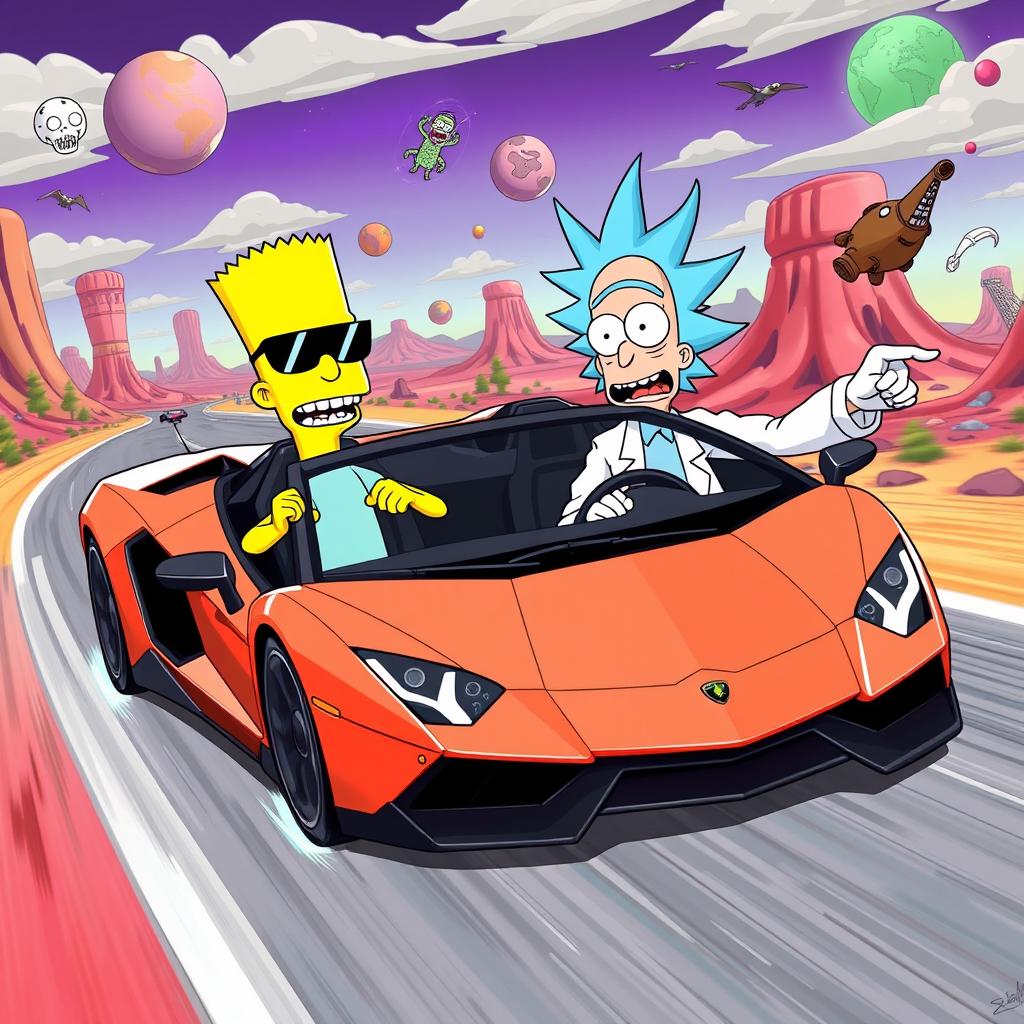 An action-packed and humorous scene featuring Bart Simpson and Rick Sanchez from Rick and Morty driving a sleek, futuristic Lamborghini down a thrilling highway