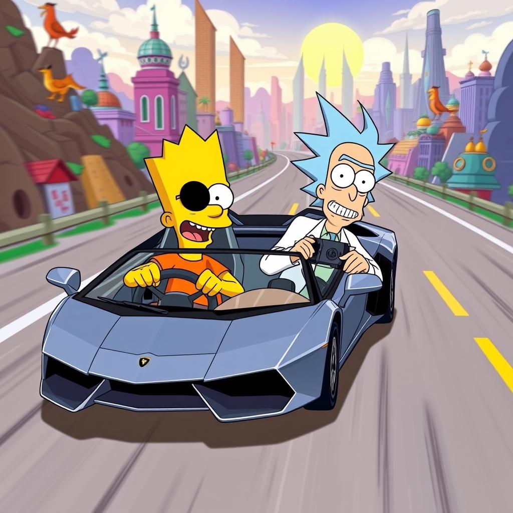 A vibrant and dynamic scene featuring Bart Simpson and Rick Sanchez from Rick and Morty racing down a futuristic highway in a stylish Lamborghini