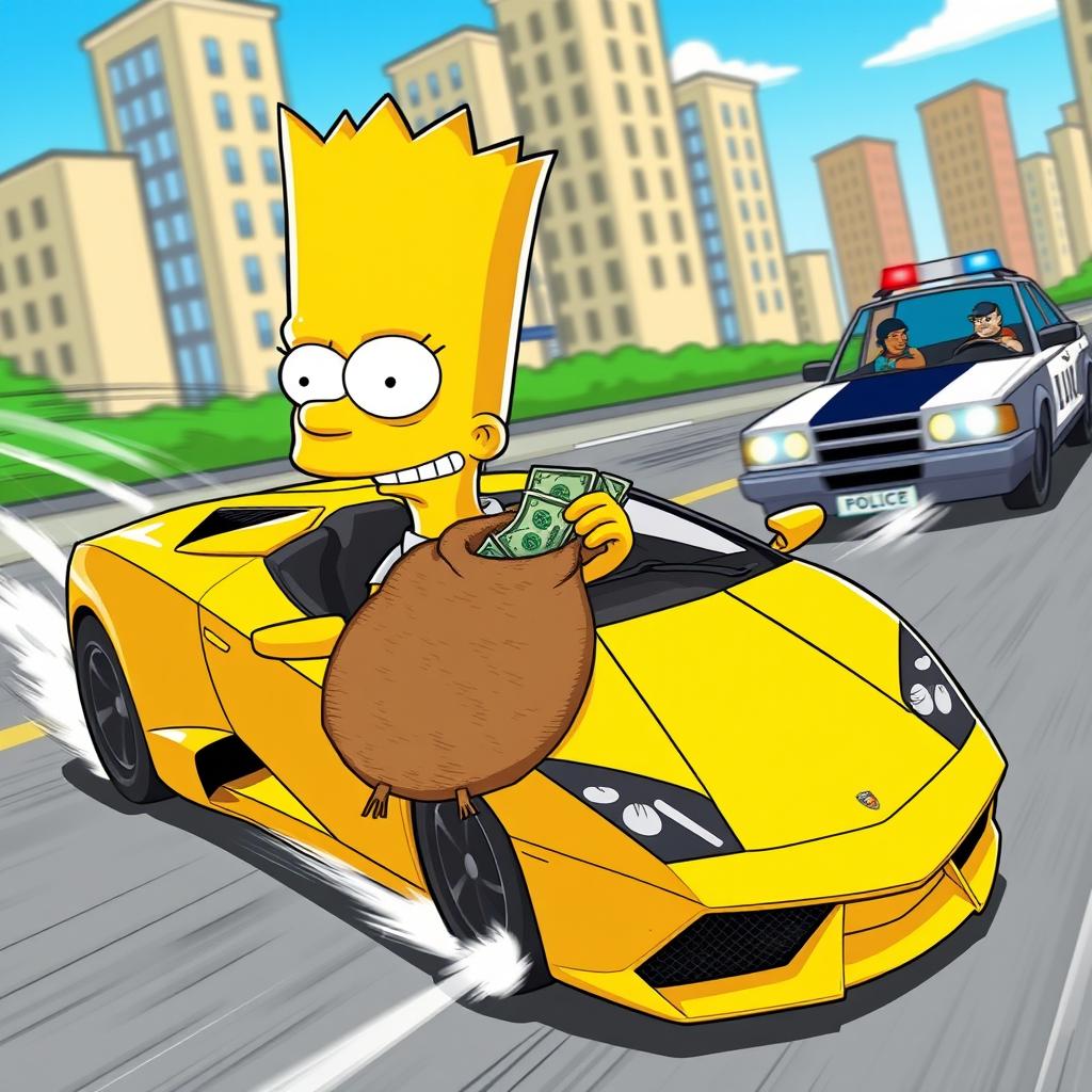 Bart Simpson, with his signature spiky hair and mischievous grin, is depicted in a bright yellow Lamborghini speeding away from a police car in a thrilling chase