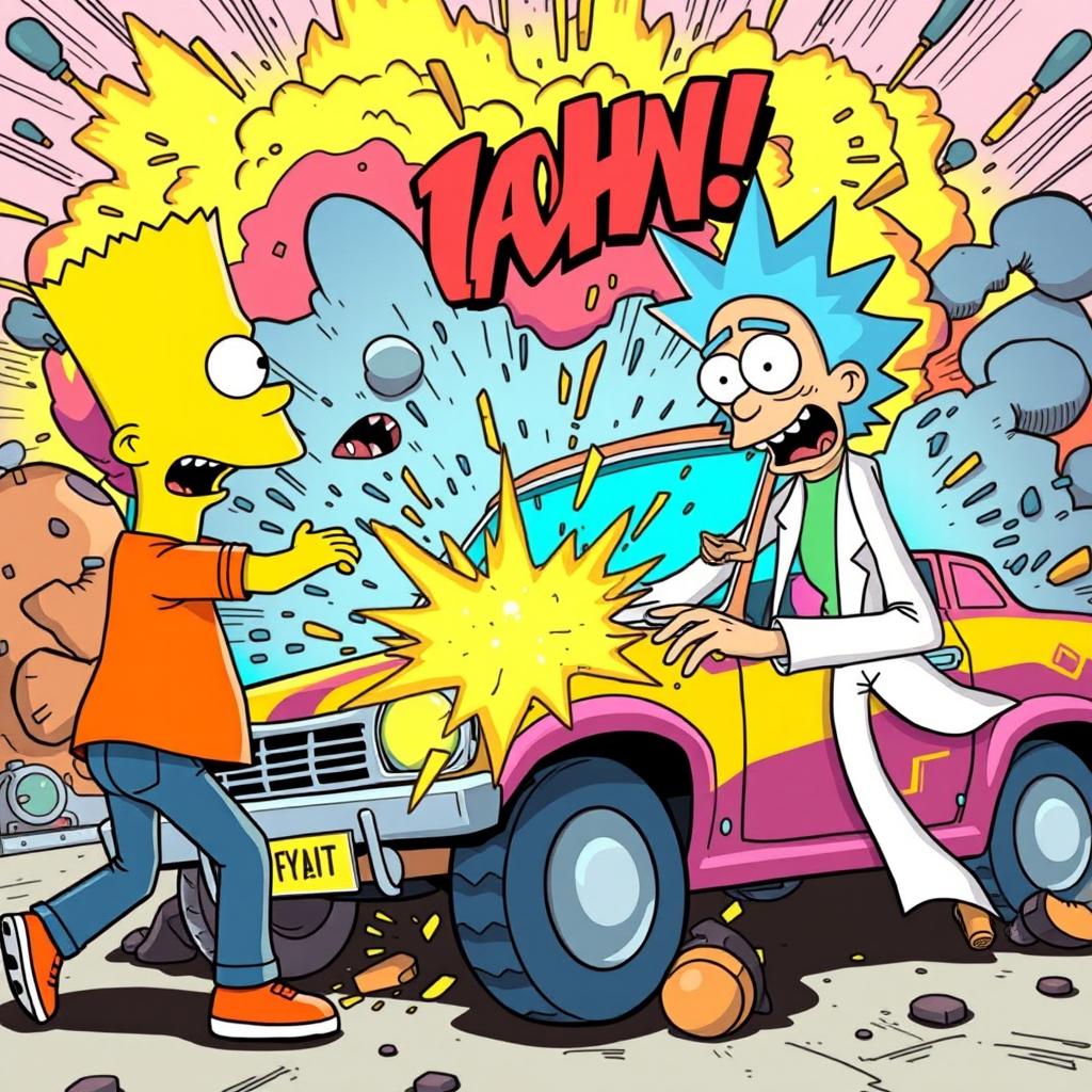 Bart Simpson and Rick Sanchez from Rick and Morty, engaged in a wild and chaotic scene where they are explosively interacting with a brightly colored car