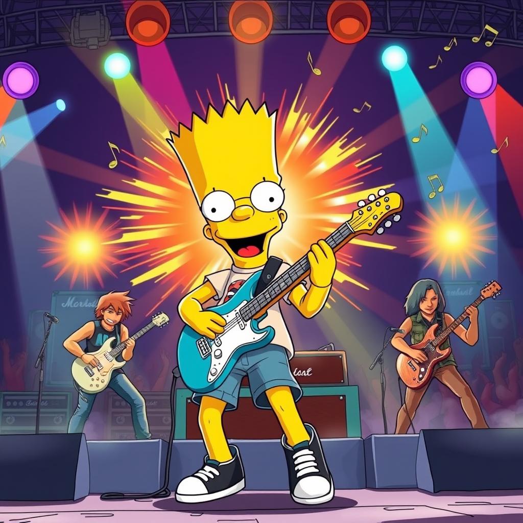A vibrant and energetic scene featuring Bart Simpson, the iconic animated character, joyfully performing on stage with the rock band Extremoduro