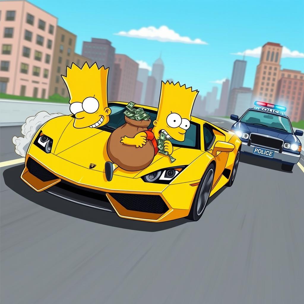 Bart Simpson, known for his spiky yellow hair and mischievous grin, is illustrated in a fast-paced scene escaping in a bright yellow Lamborghini, with its sleek design glinting under the sun