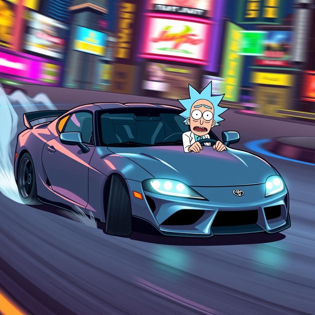 Rick and Morty are depicted drifting around a sharp curve in a vibrant, neon-lit cityscape in a sleek Toyota Supra