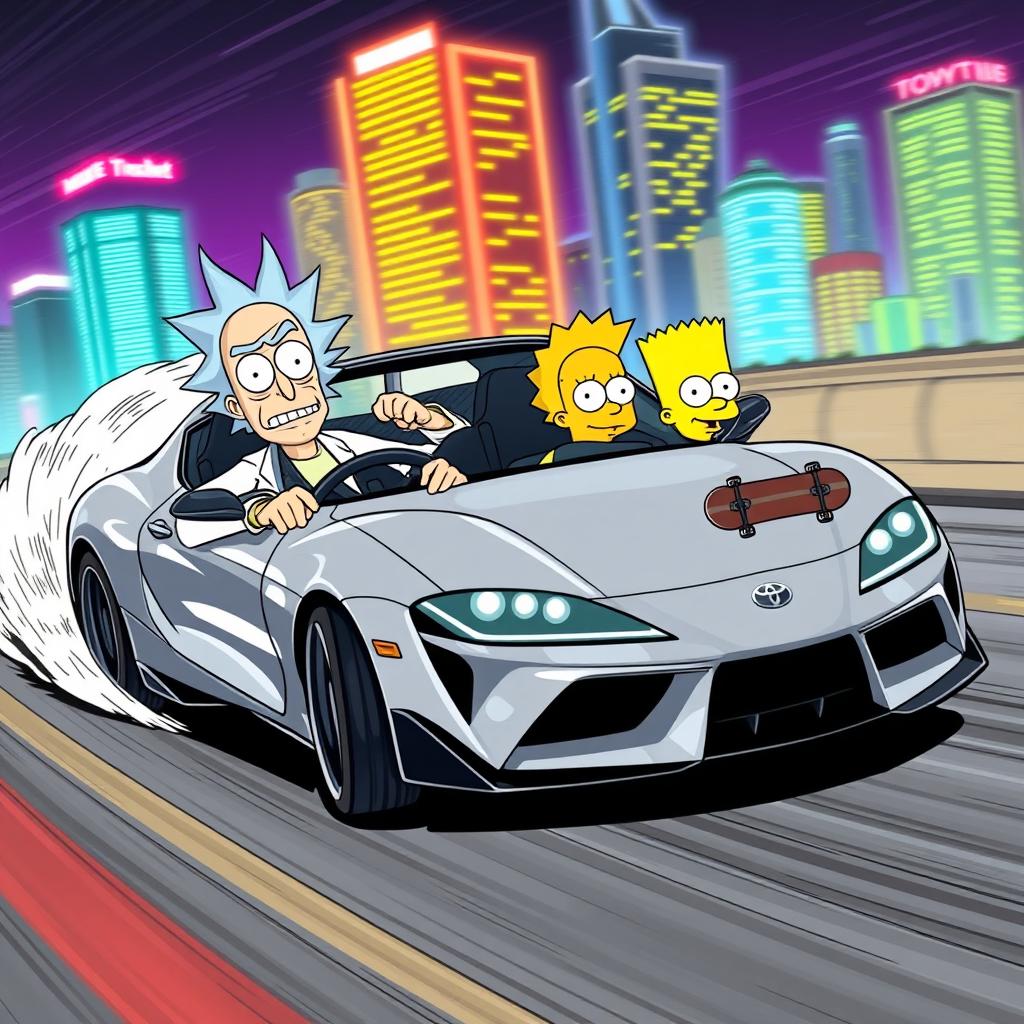 Rick and Morty, alongside Bart Simpson, are illustrated drifting around a sharp curve in a sleek Toyota Supra