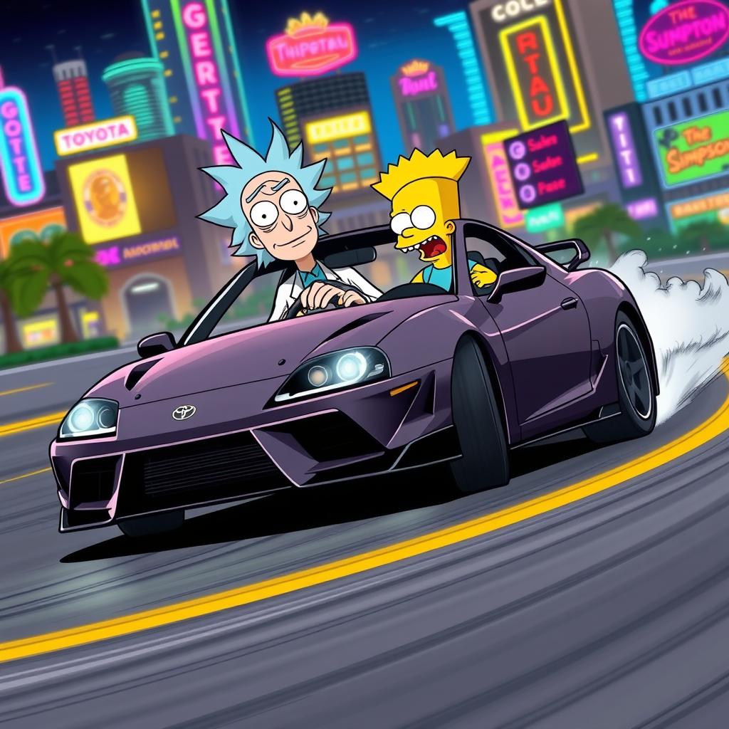 Rick and Morty, along with Bart Simpson, are captured mid-drift around a sharp curve in a stylish Toyota Supra