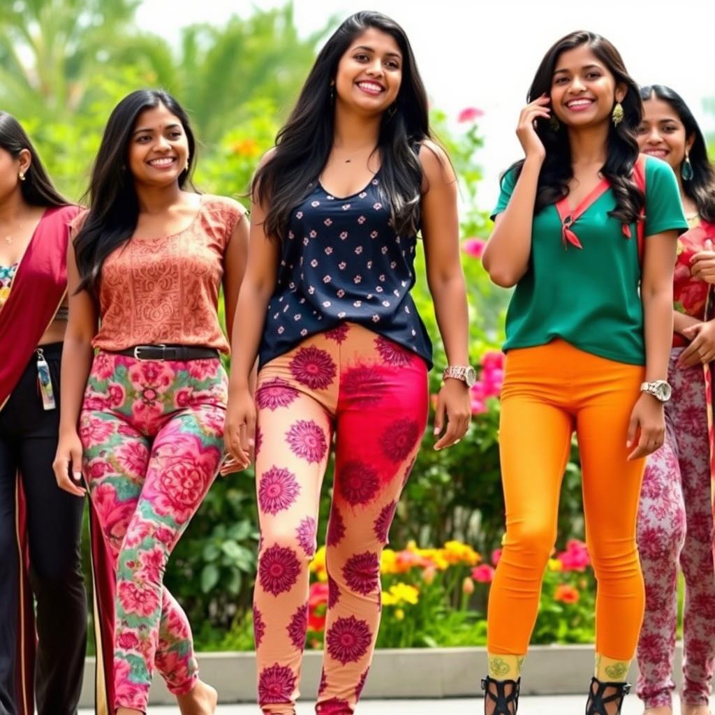 A group of stylish young Indian women wearing colorful, patterned satin leggings, showcasing various designs and styles