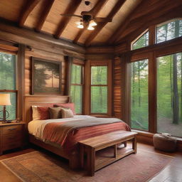 A rustic, cozy and inviting bedroom nestled within a forest retreat. It's adorned with handcrafted wooden furniture, large panoramic windows providing expansive views of tranquil woods, towering trees and soft twilight hues.