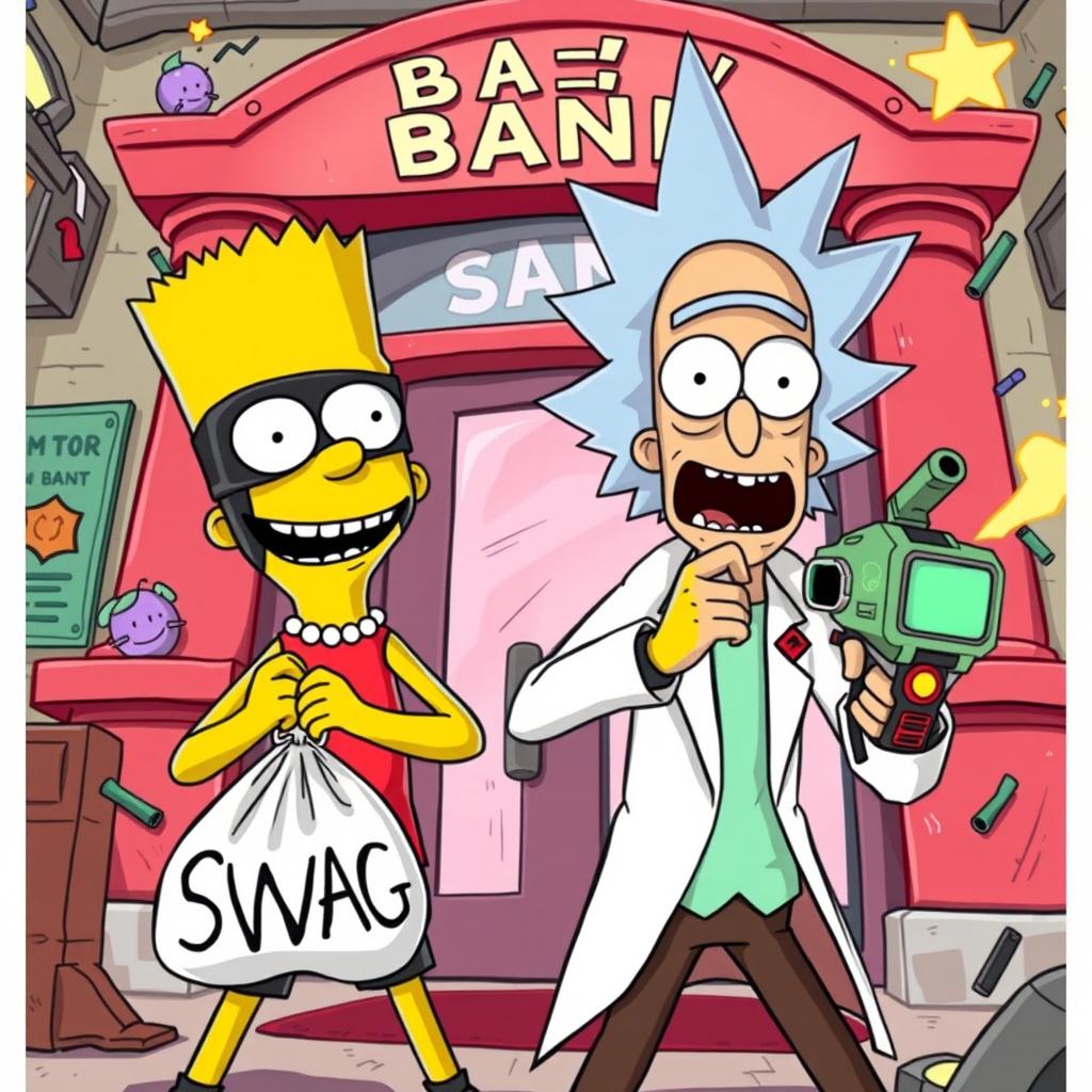 A thrilling scene depicting Bart Simpson and Rick Sanchez from Rick and Morty in the midst of a humorous heist