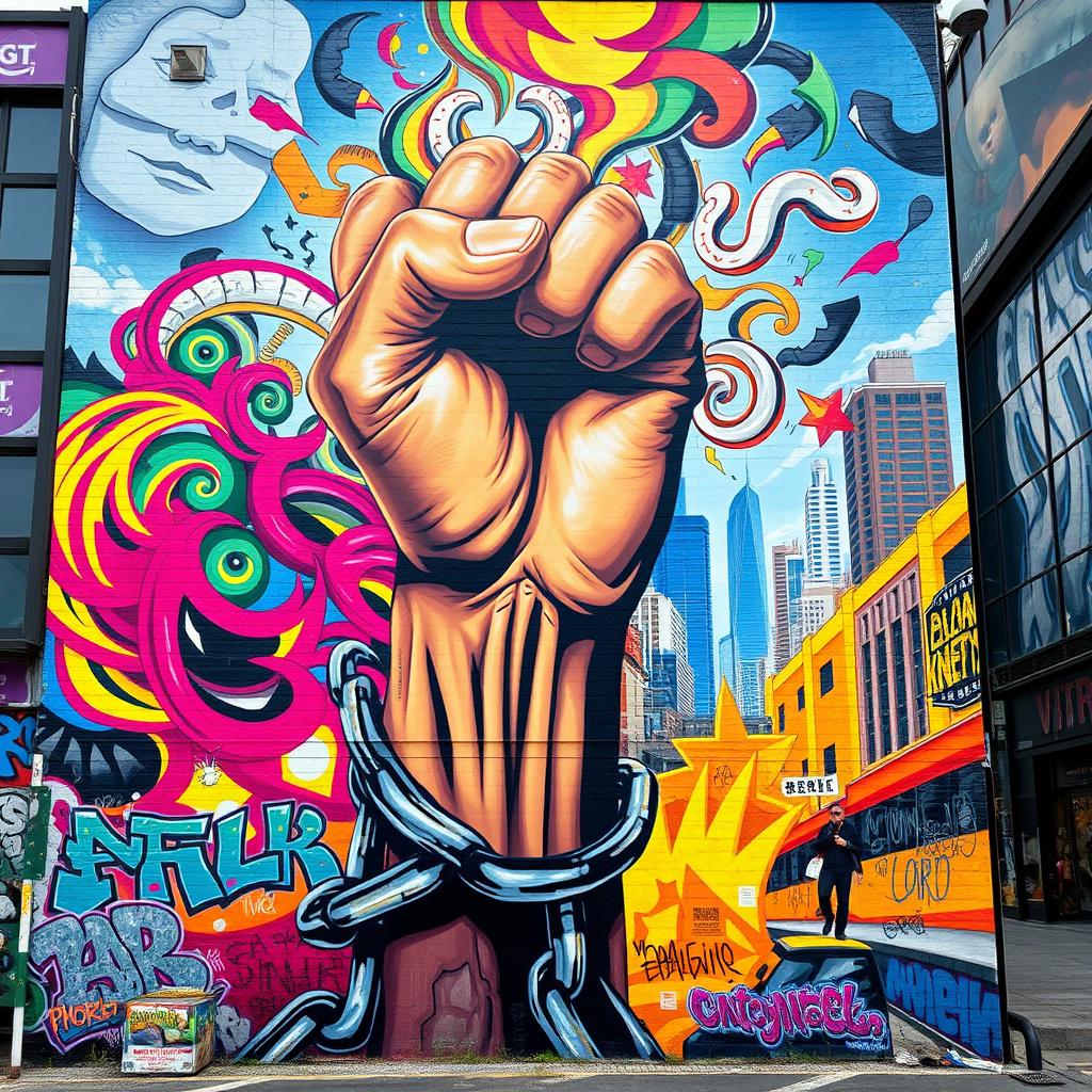 A vibrant street art mural showcasing a powerful visual metaphor for resistance and defiance against oppressive forces
