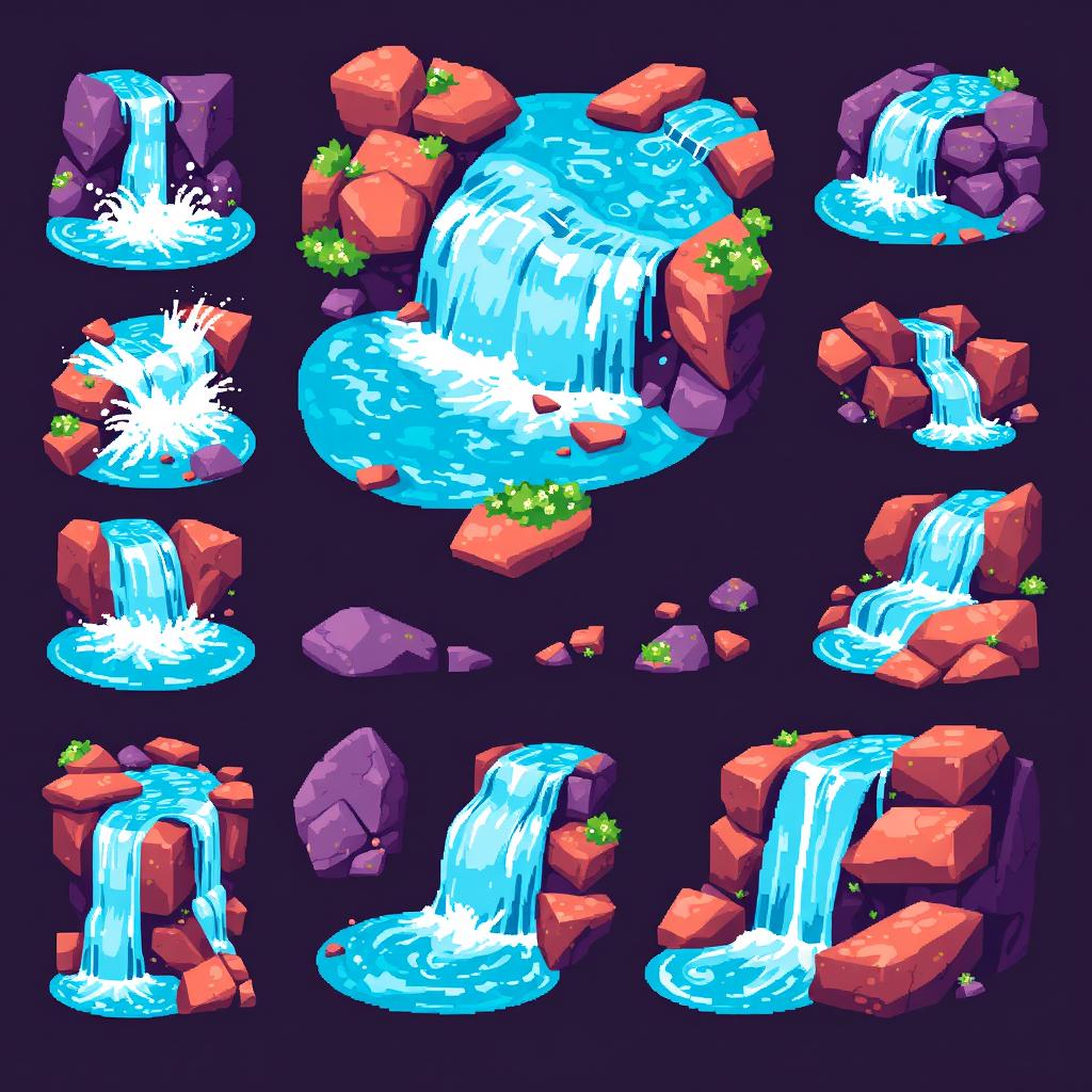 A pixel art spritesheet depicting a beautiful cascading waterfall surrounded by colorful rocks