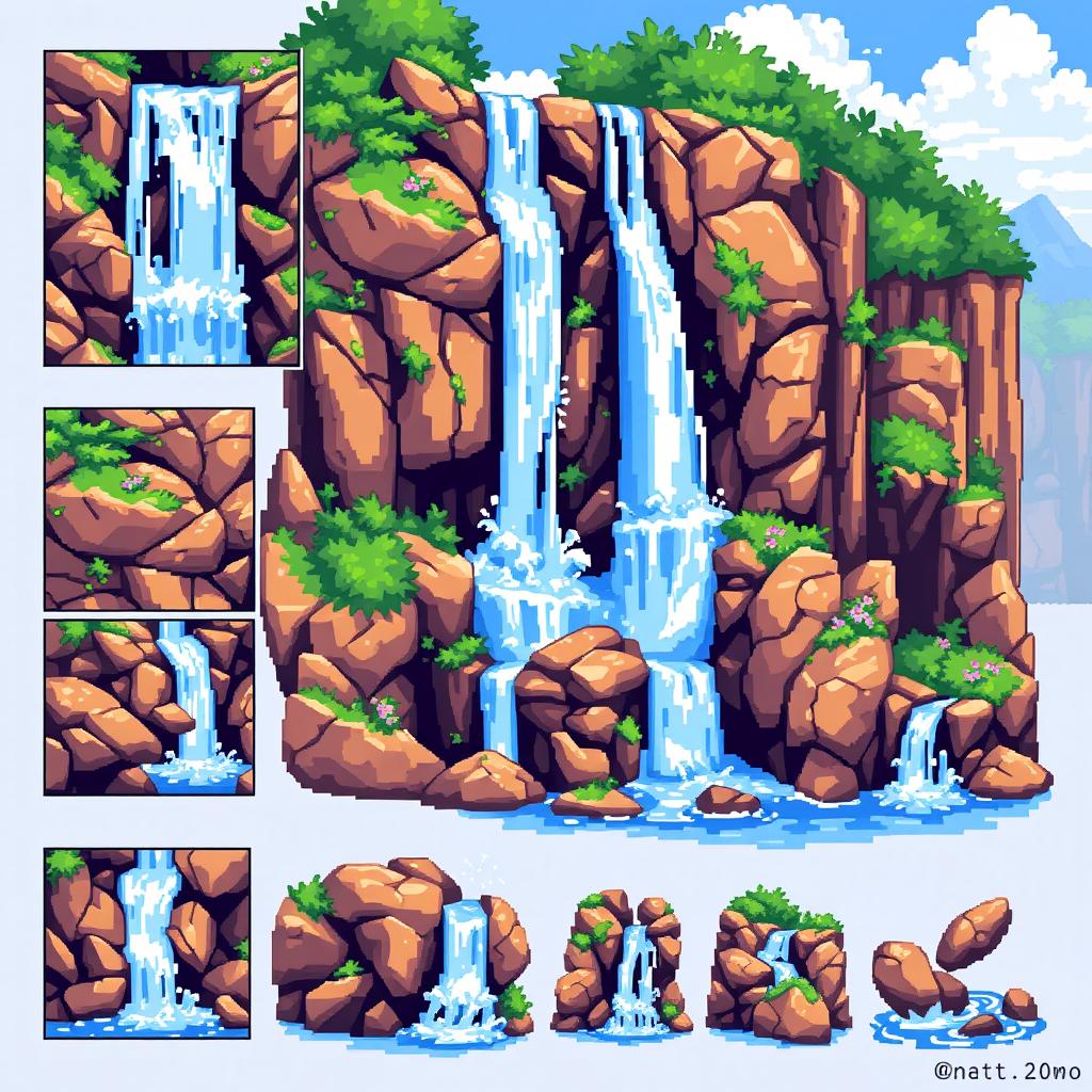 A pixel art spritesheet featuring a beautiful waterfall cascading down rocky cliffs