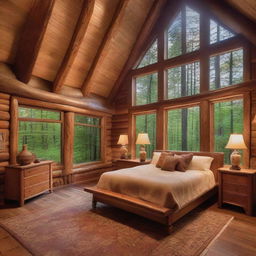 A rustic, cozy and inviting bedroom nestled within a forest retreat. It's adorned with handcrafted wooden furniture, large panoramic windows providing expansive views of tranquil woods, towering trees and soft twilight hues.