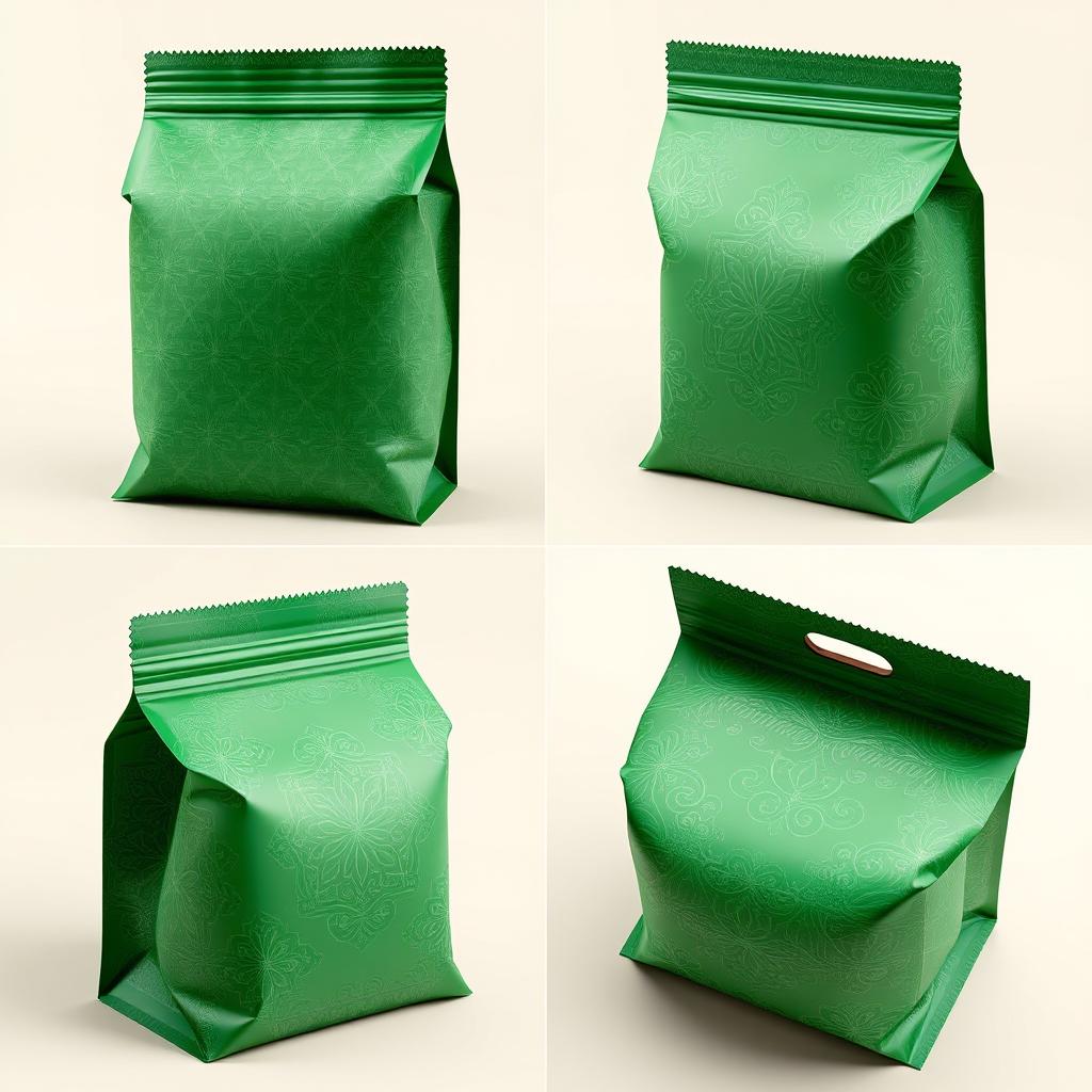 A collection of four images showcasing a four-sided green package bag with intricate patterns