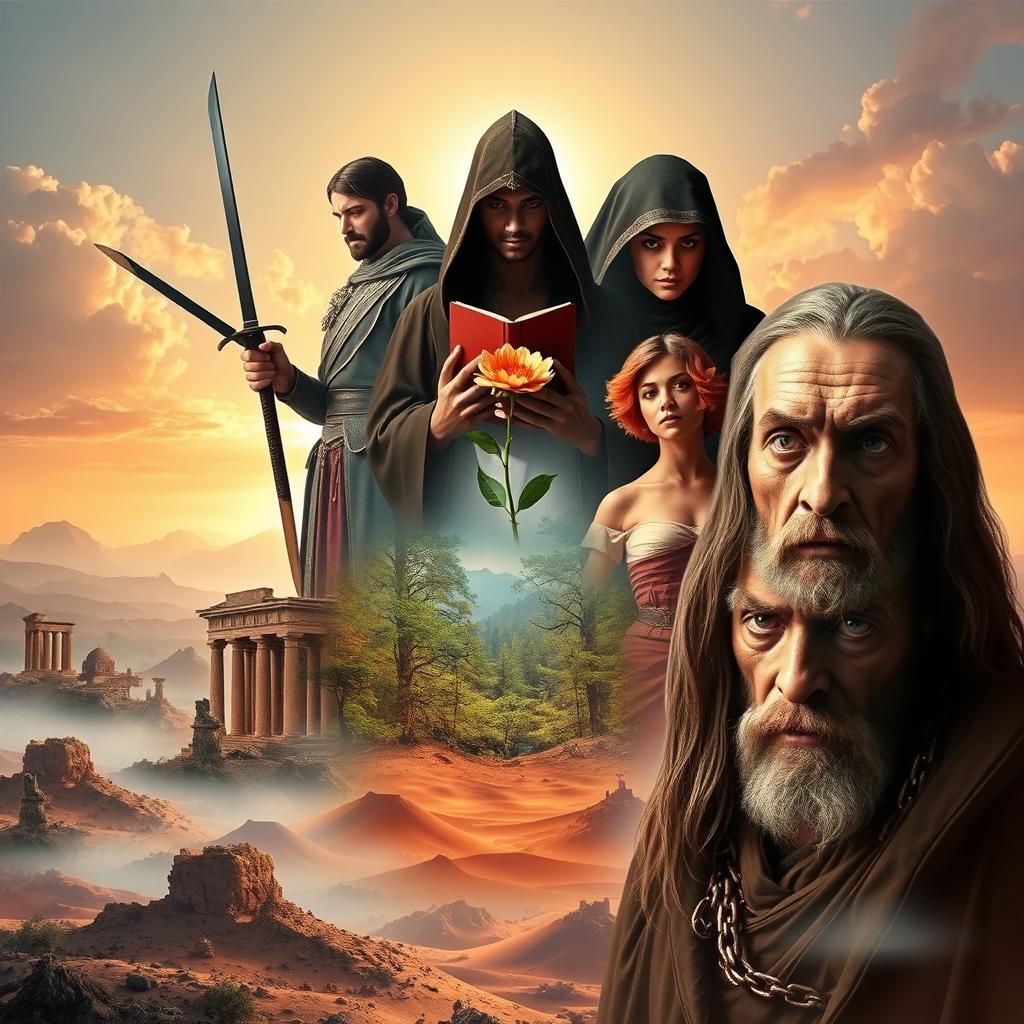 A collage of various archetypes representing the human experience, including the Hero, the Mentor, the Shadow, the Innocent, the Rebel, and the Sage