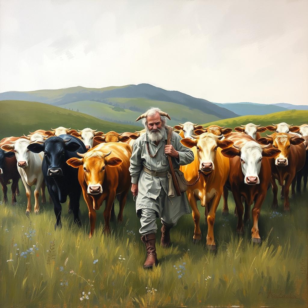 A beautifully textured painting of a shepherd and his herd of cows, surrounded by a serene landscape