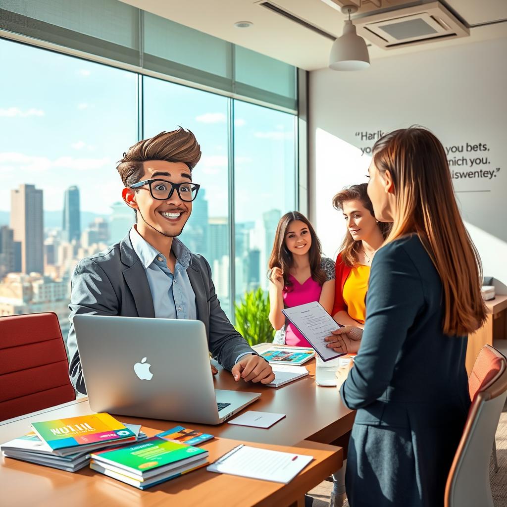 A bright and vibrant scene depicting a confident individual engaging in personal branding and marketing activities
