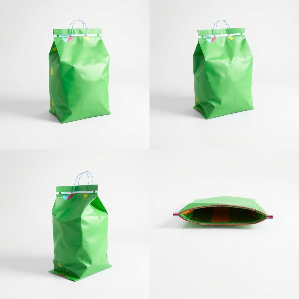 A collection of four images showcasing a four-sided package bag that is primarily green in color, accented with contrasting colors