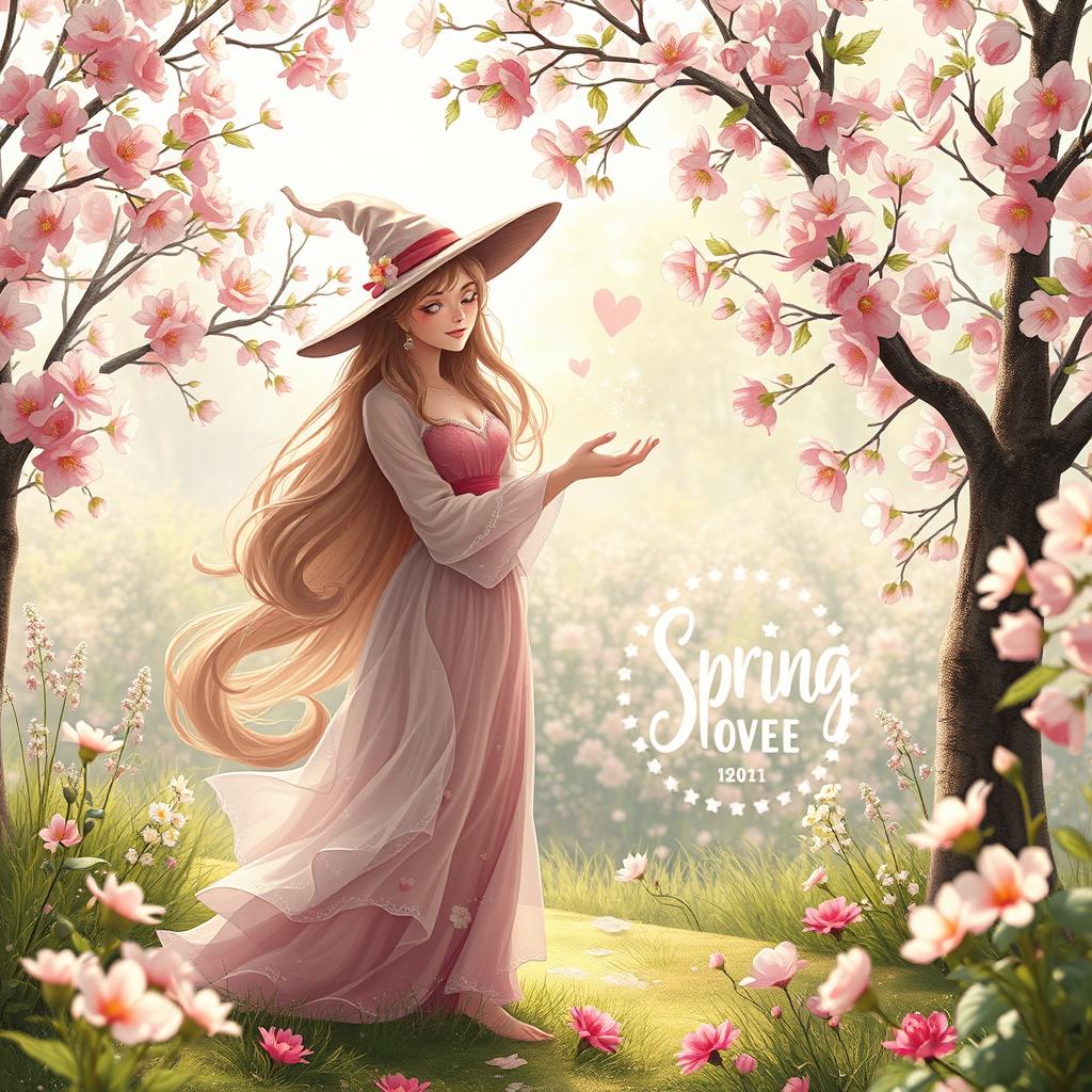 A whimsical scene depicting a romantic outdoor setting in spring