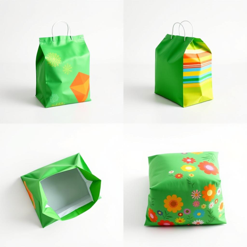 A collection of four images showcasing a four-sided package bag that is primarily green in color, with various colorful accents