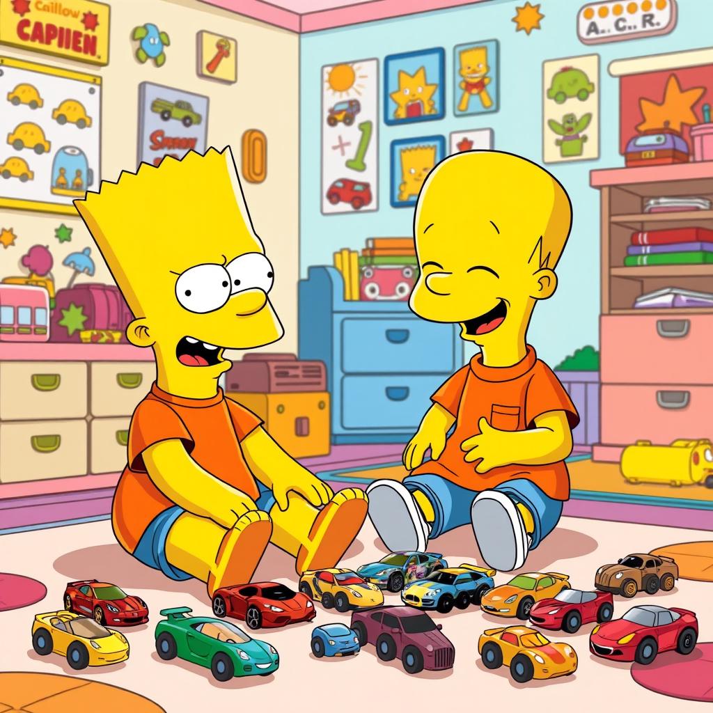 A playful scene showcasing Bart Simpson and Caillou engaged in a fun game of toy cars
