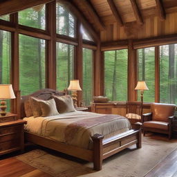 A rustic, cozy and inviting bedroom nestled within a forest retreat. It's adorned with handcrafted wooden furniture, large panoramic windows providing expansive views of tranquil woods, towering trees and soft twilight hues.