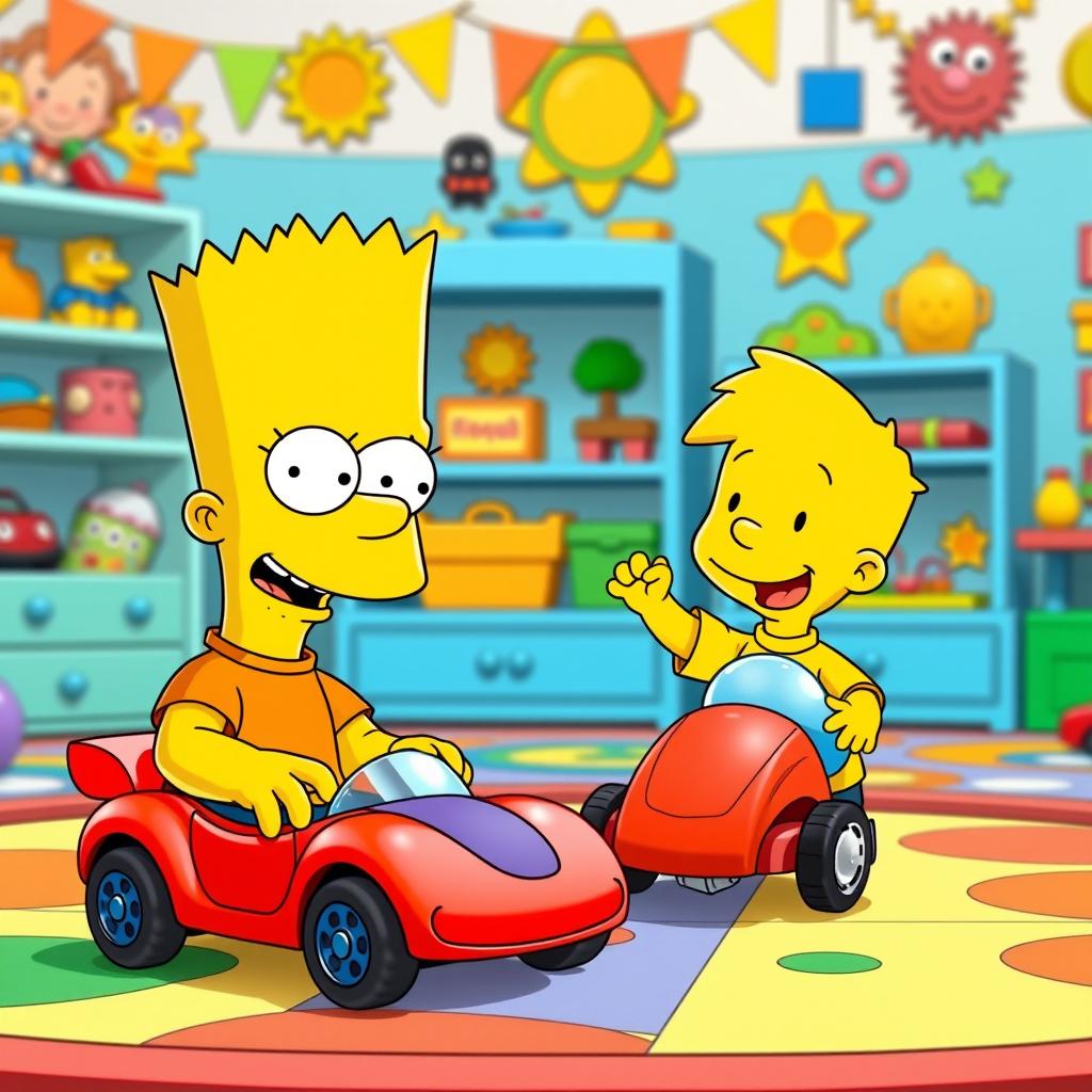 A delightful scene capturing Bart Simpson and Caillou playing with toy cars on a colorful play mat