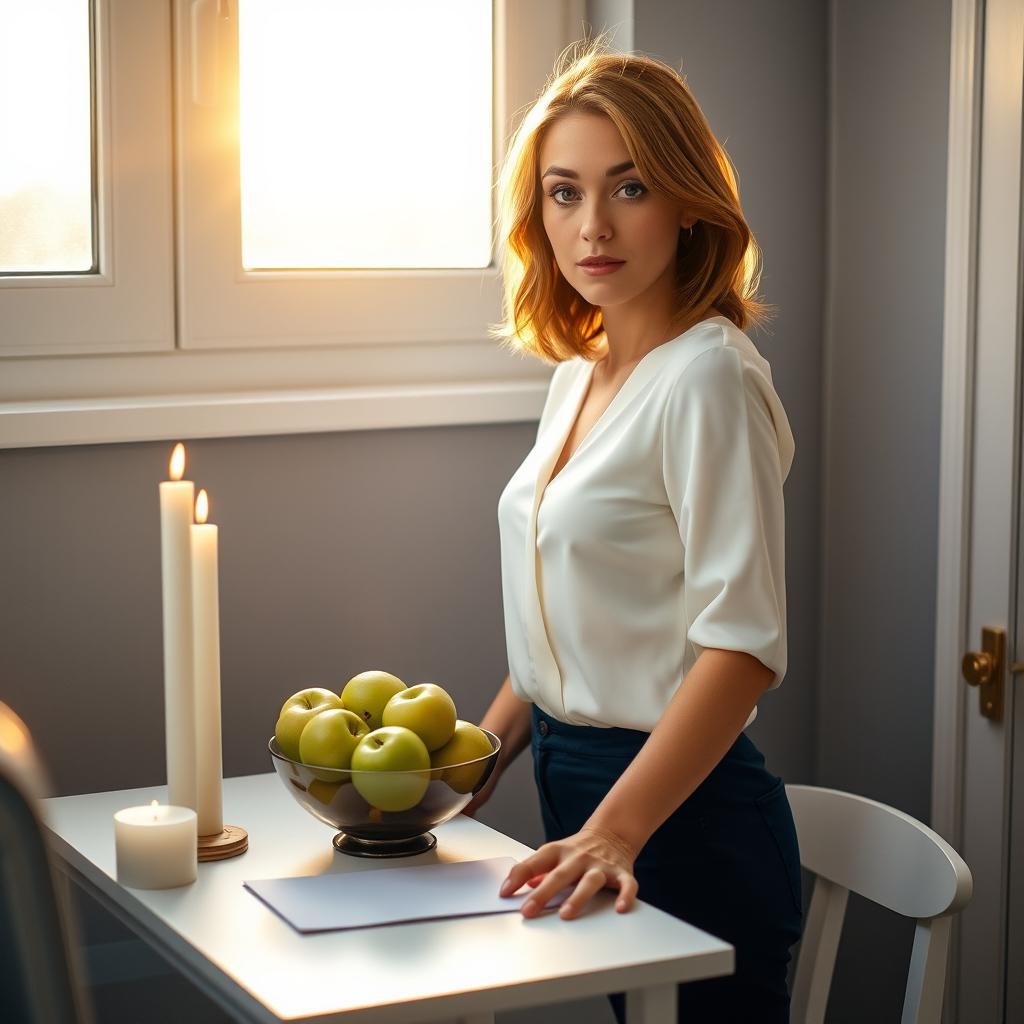 A 35-year-old woman with medium-sized light brown hair and big round eyes, featuring white skin, standing at a little desk close to a window in the evening light