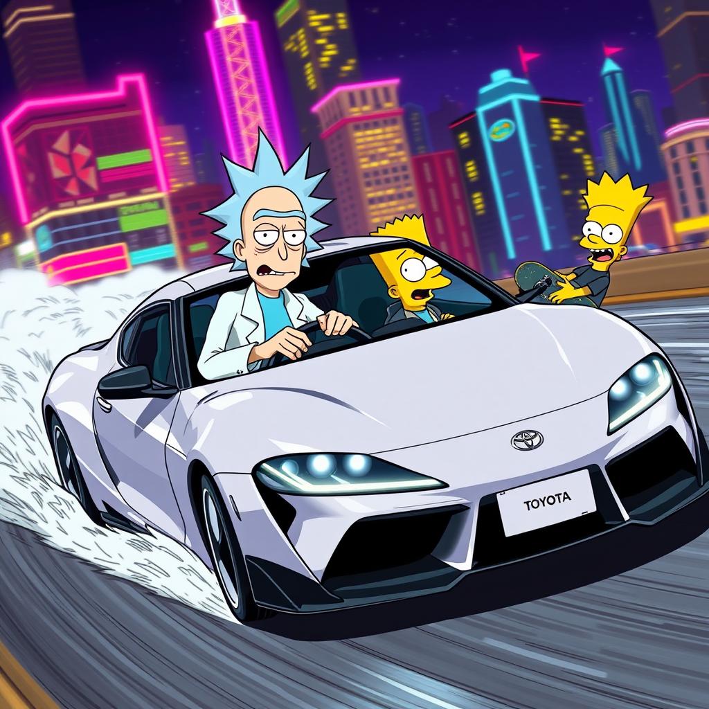 Rick and Morty along with Bart Simpson are illustrated mid-drift around a sharp curve in a stylish Toyota Supra
