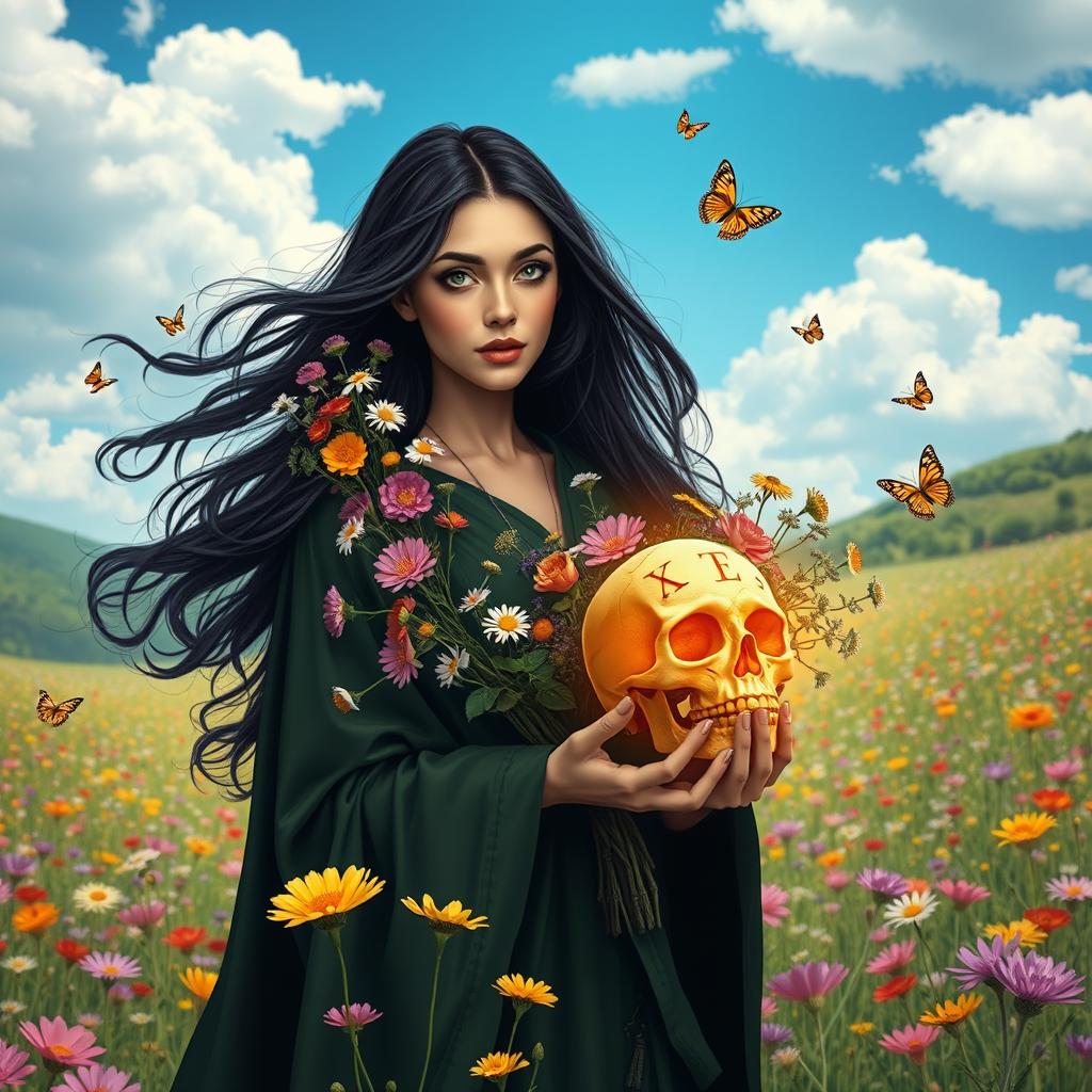 A mystical scene set in a vibrant spring landscape, featuring a beautiful witch with flowing dark hair, wearing an elegant dark green robe adorned with floral patterns