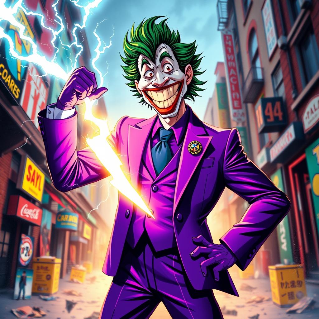 A dynamic, full-body portrayal of a Joker character dressed in a striking purple suit, complete with a stylish matching tie