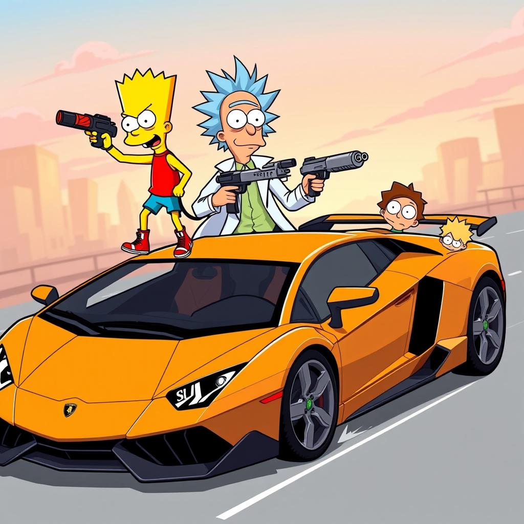 Bart Simpson and Rick and Morty are depicted atop a sleek Lamborghini, each wielding futuristic weapons